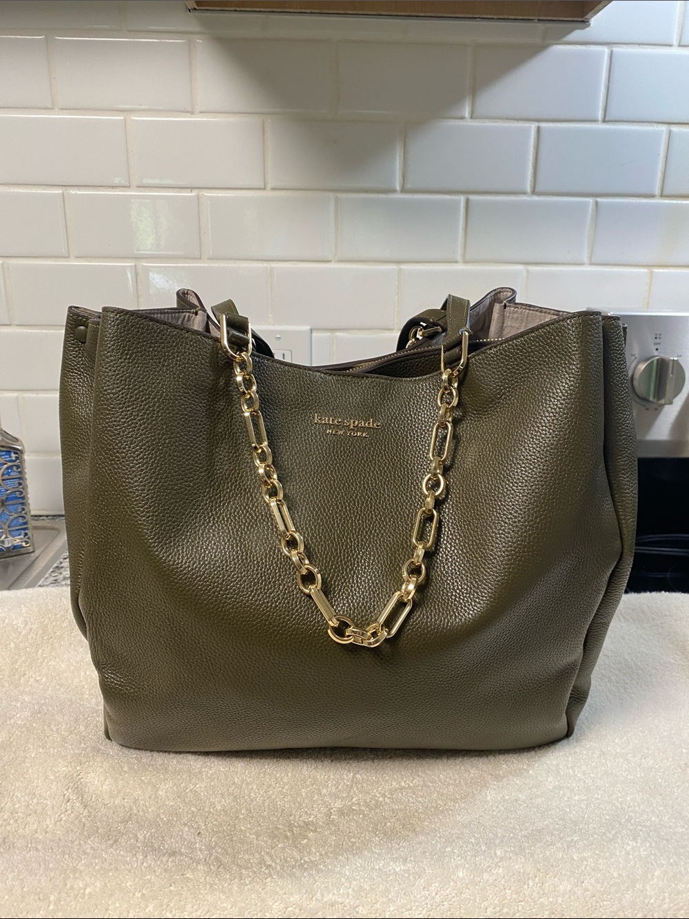 kate spade Olive Green Pebbled Leather Tote with Gold Chain
